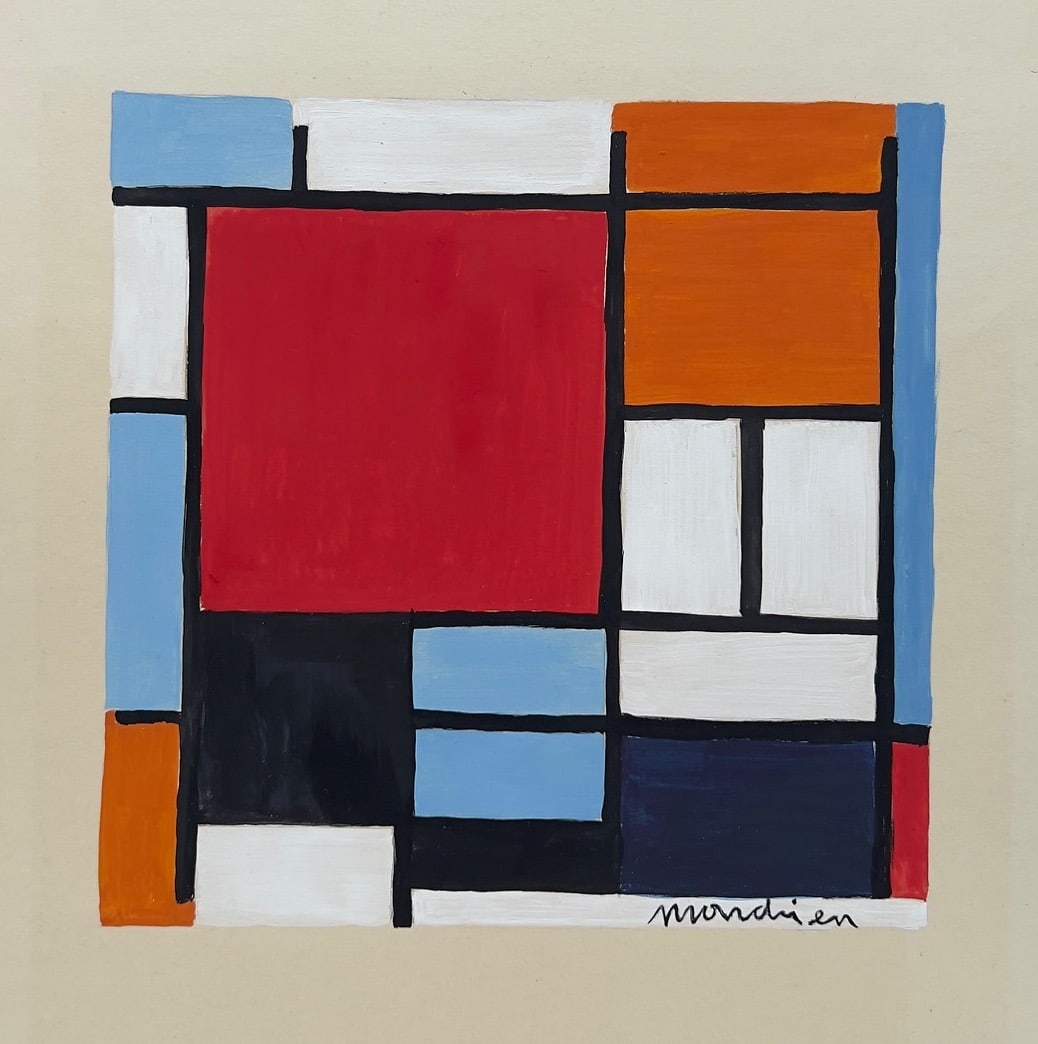 Piet Mondrian style of Abstract Dutch acrylic on paper painting: Acrylic on paper, painting. From a private collection. 9,1 x 10,6 in. (23 x 27 cm). Piet Mondrian (1872-1944, Dutch). It is being sold in the manner or style of the artist. Depicts an abstract composi