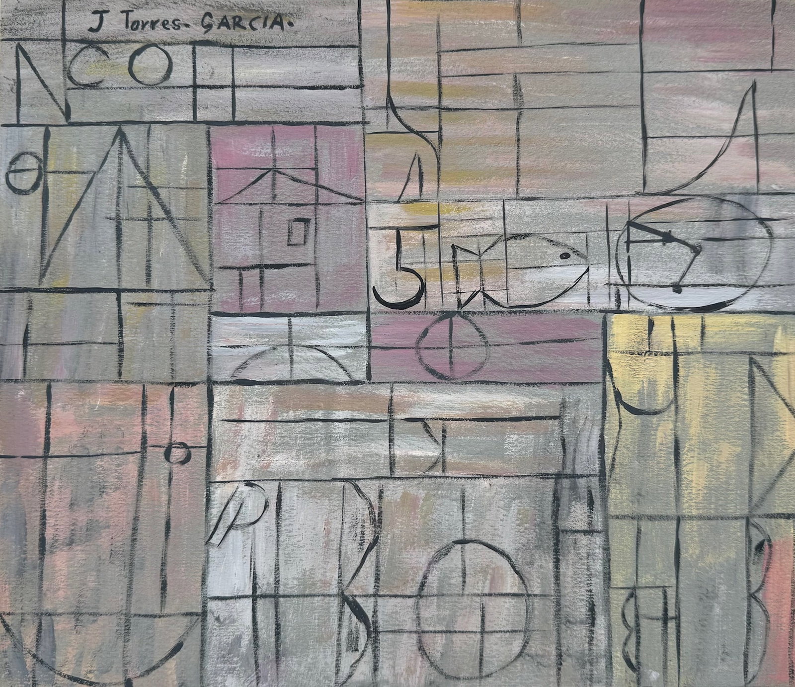 Painting on paper Joaquin Torres Garcia after Uruguayan Constructivism grid forms: Tempera on paper, painting. From a private collection. 8,3 x 9,6 in. (21 x 24,5 cm). Joaquin Torres Garcia (1874 - 1949, Uruguayan). It is being sold in the manner or style of the artist. The painting