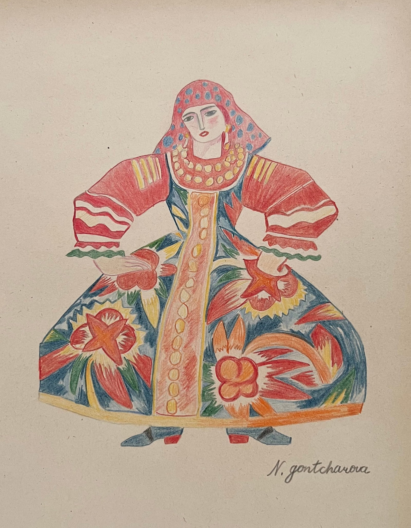 Drawing on paper Natalia Goncharova after Russian French costume sketch folk (1 of 2)