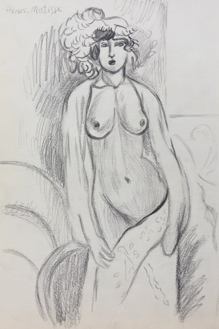 Charcoal on paper Henri Matisse after Expressionism French nude woman: Charcoal on paper, drawing. 8 x 12 in. (20,4 x 30,5 cm). From a private collection. Henri Matisse (1869-1954, French). It is being sold in the manner or style of the artist. The painting demonstrates 