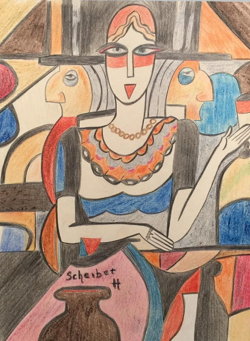 Crayon on paper Hugo Scheiber after Modernist Hungarian drawing female portrait: Crayon on paper, drawing. 7,3 x 9,7 in. (18,6 x 24,6 cm). Hugo Scheiber (Hungarian, 1873-1950). It is being sold in the manner or style of the artist. From a private collection. Female portrait.