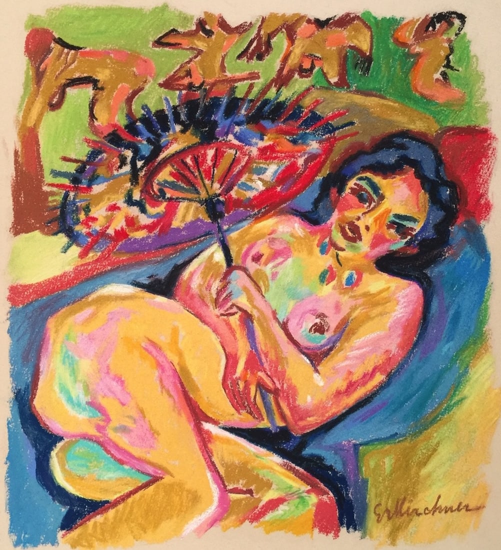 Pastel painting Ernst Ludwig Kirchner after German Expressionism woman nude: Pastel on paper. From a private collection. Ernst Ludwig Kirchner (1880-1938, German). 8,9 x 9,6 in. (22,7 x 24,5 cm). It is being sold in the manner or style of the artist. The painting demonstrates 