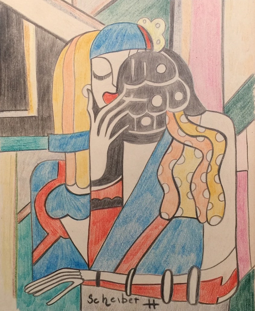 Crayon on paper Hugo Scheiber after Modern Hungarian female portrait: Crayon on paper, drawing. 8,1 x 9,9 in. (20,5 x 25,1 cm). Hugo Scheiber (1873-1950, Hungarian). It is being sold in the manner or style of the artist. From a private collection. Female portrait.