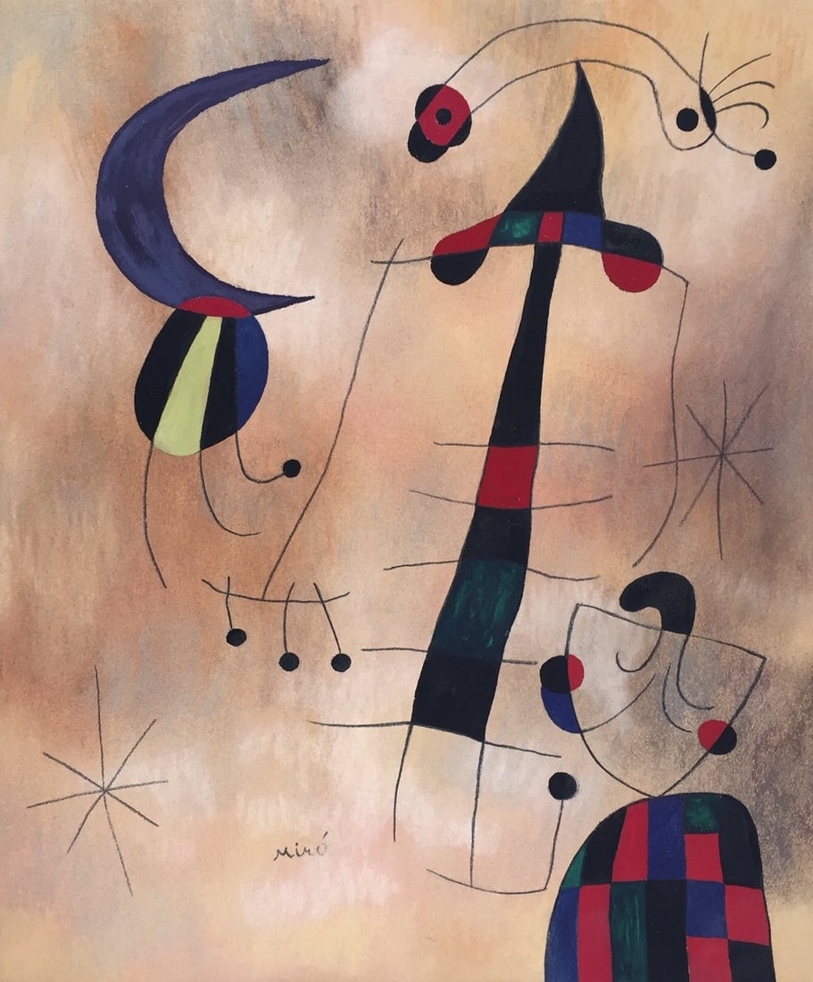 Mixed media on paper Joan Miro style of Spanish Surrealism: Mixed media on paper, painting. From a private collection. 9,6 x 11,5 in. (24,3 x 29,3 cm). It is being sold in the manner or style of the artist. Depicts abstract figurative objects.