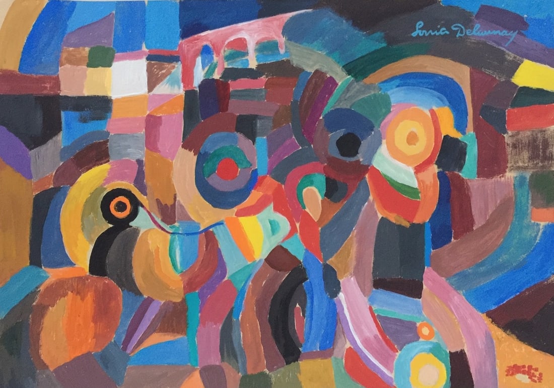 Abstract gouache on paper Sonia Delaunay after French Ukrainian painting circles: Gouache on paper, painting. From a private collection. Sonia Delaunay (1885-1979, Ukrainian, French). 8,1 x 11,6 in. (20,6 x 29,5 cm). It is being sold in the manner or style of the artist. Featuring 