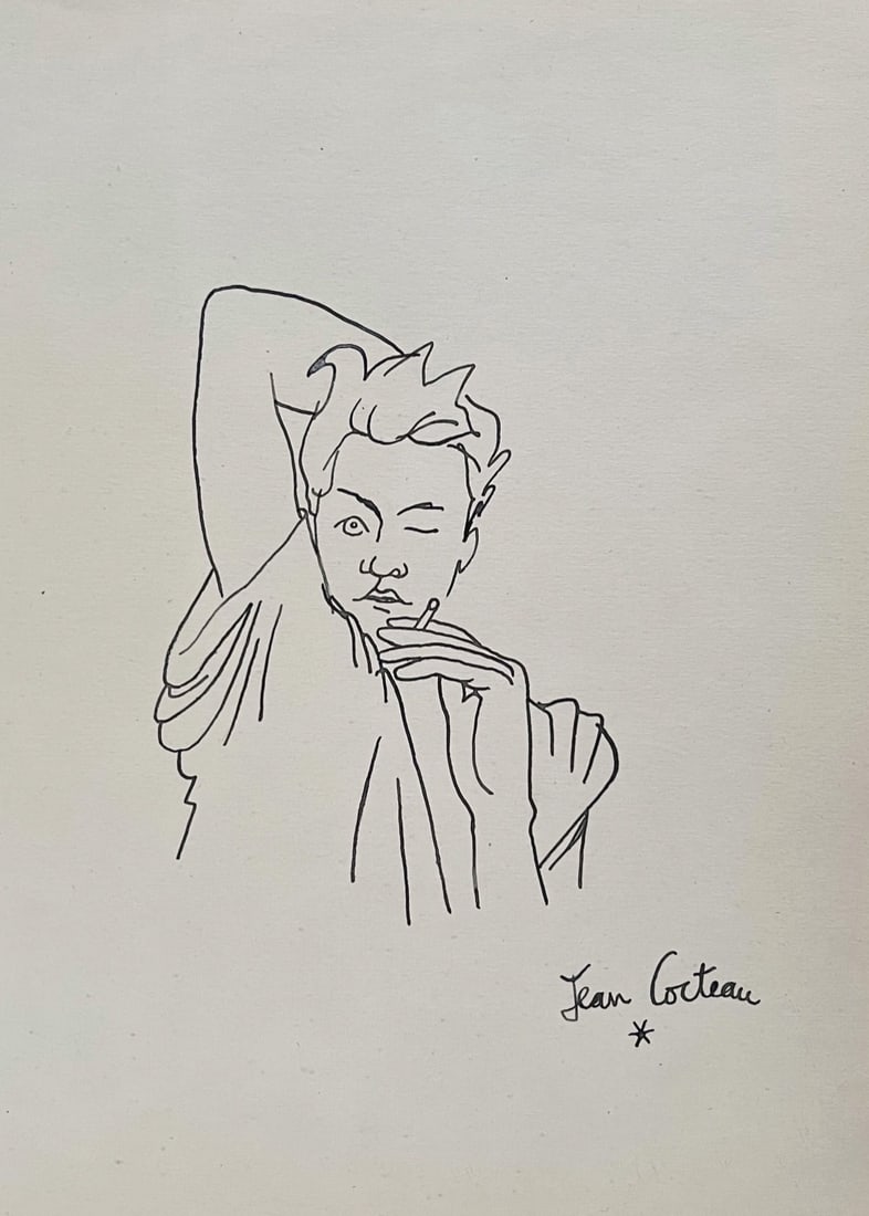 Ink on paper Jean Cocteau style of French Expressionism male portrait young guy: Ink on paper, drawing. From a private collection. 7,9 x 11,2 in. (20 x 28,5 cm). Jean Maurice Eugene Clement Cocteau (1889-1963, French). It is being sold in the manner or style of the artist. Featuri