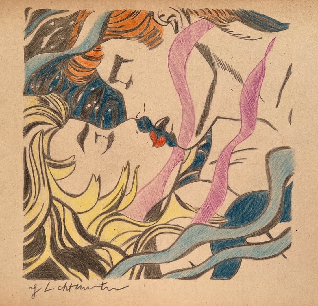 Crayon on paper Roy Lichtenstein after American Pop Art love couple kiss: Crayon on paper, drawing. From a private collection. 9,3 x 9,6 in. (23,5 x 24,5 cm). Roy Lichtenstein (1923-1997, American). It is being sold in the manner or style of the artist. Composition with man