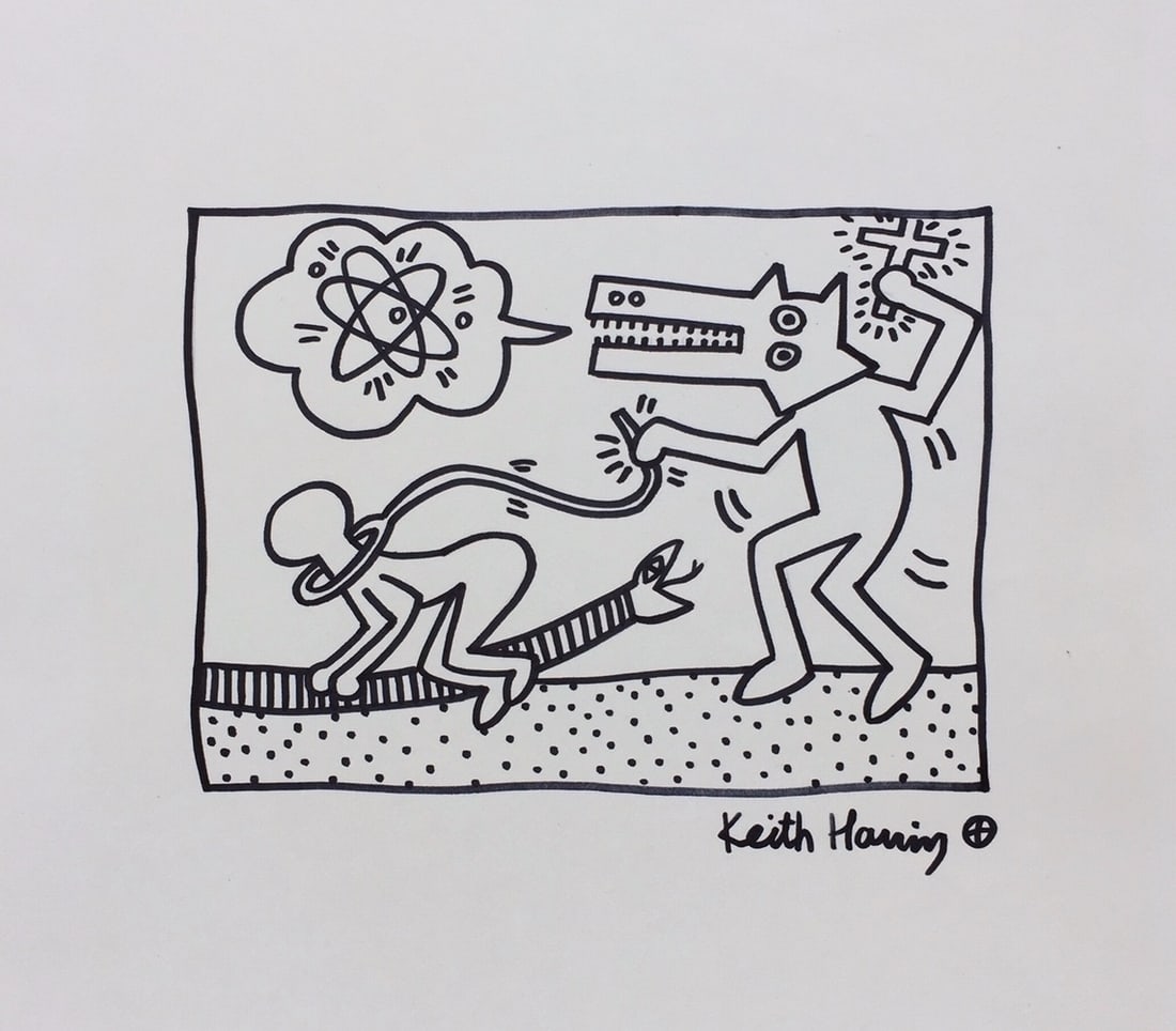 Keith Haring style of American Pop Art ink on paper style snake wolf: Ink on paper, drawing. From a private collection. Keith Haring (1958-1990, American). 9 x 9,1 in. (23 x 23,2 cm). It is being sold in the manner or style of the artist. Composition in the Pop Art styl
