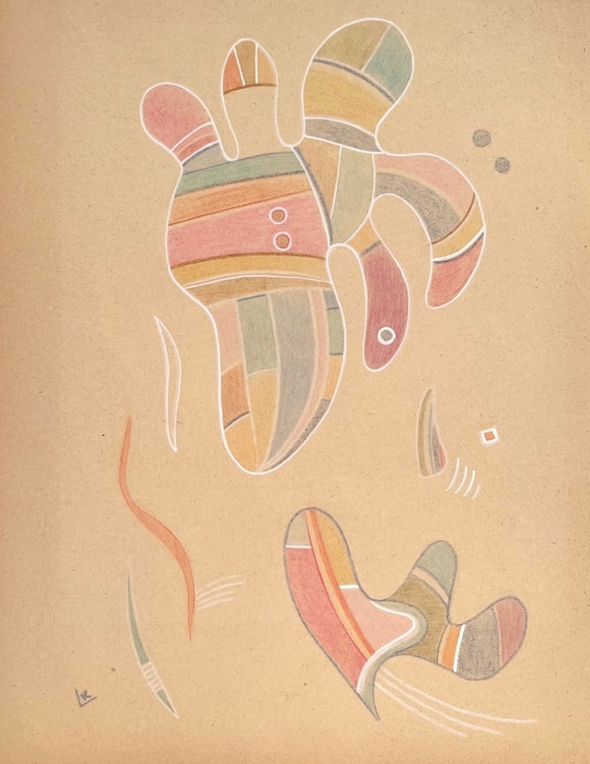 Drawing crayon on paper Wassily Kandinsky style of Russian Abstract geometric objects: Crayon on paper, drawing. 8,7 x 11 in. (22 x 28,1 cm). From a private collection. Wassily Kandinsky (1866-1944, Russian). It is being sold in the manner or style of the artist. Depicts an abstraction 