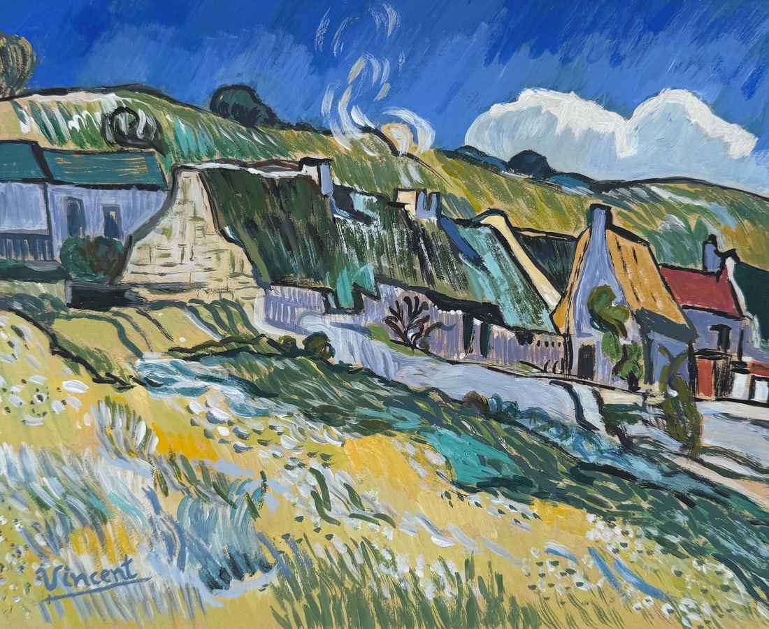 Vincent van Gogh after Dutch Post-Impressionist tempera painting landscape: Tempera on paper, painting. From a private collection. 7,7 x 9,5 in. (19,5 x 24 cm). Vincent Willem van Gogh (1853-1890, Dutch). It is being sold in the manner or style of the artist. Painting depicts