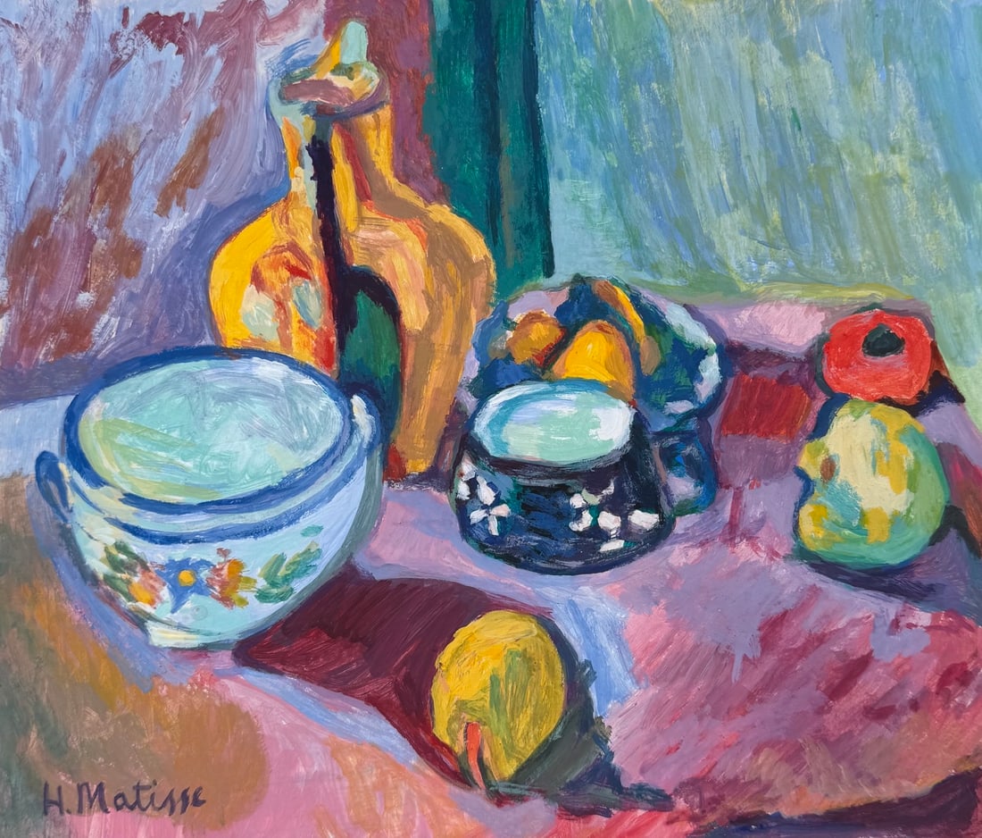 Henri Matisse after French Expressionist tempera painting still life: Tempera on paper, painting. From a private collection. 8,2 x 9,6 in. (20,8 x 24,4 cm). Henri Matisse (1869-1954, French). It is being sold in the manner or style of the artist. The painting depicts a 