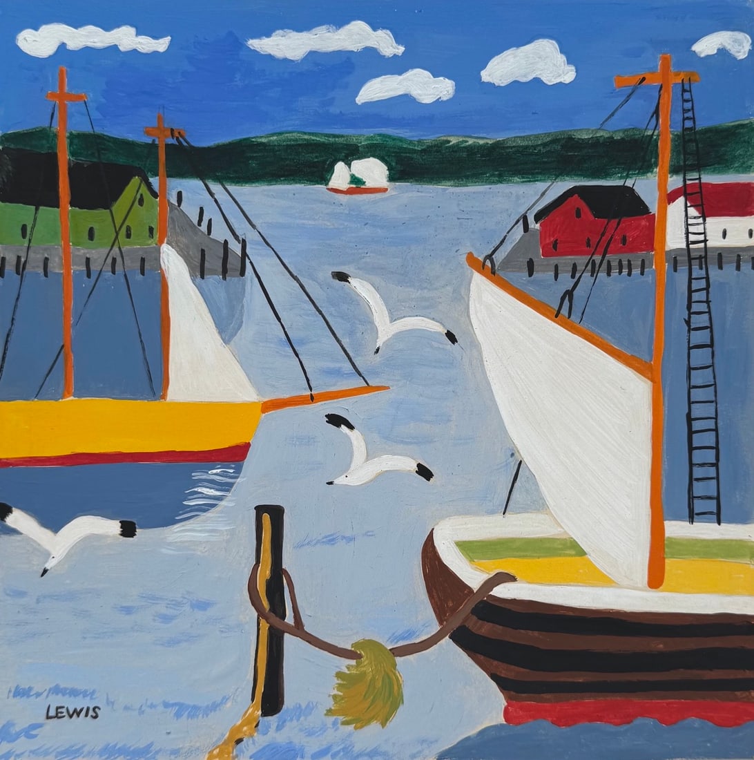 Maud Lewis after Canadian Primitivist tempera painting landscape boats seagulls (1 of 2)