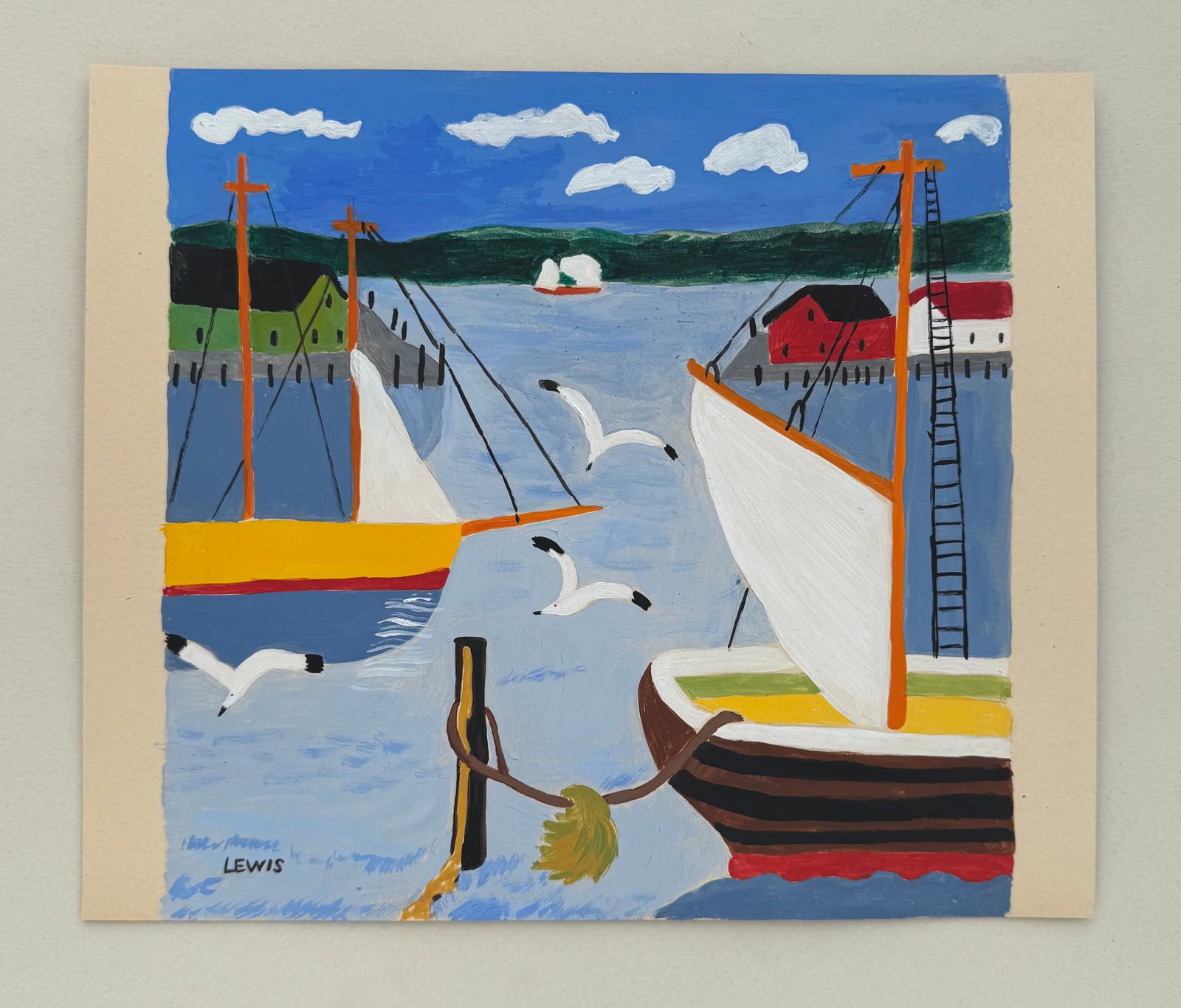 Maud Lewis after Canadian Primitivist tempera painting landscape boats seagulls - 2