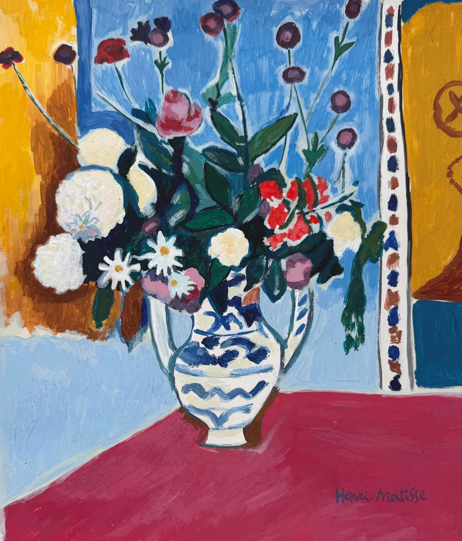 Henri Matisse after French Expressionist tempera on paper vase of flowers: Pastel on paper, painting. From a private collection. 8 x 9,3 in. (20,4 x 23,7 cm). Henri Matisse (1869-1954, French). It is being sold in the manner or style of the artist. The painting depicts a sti