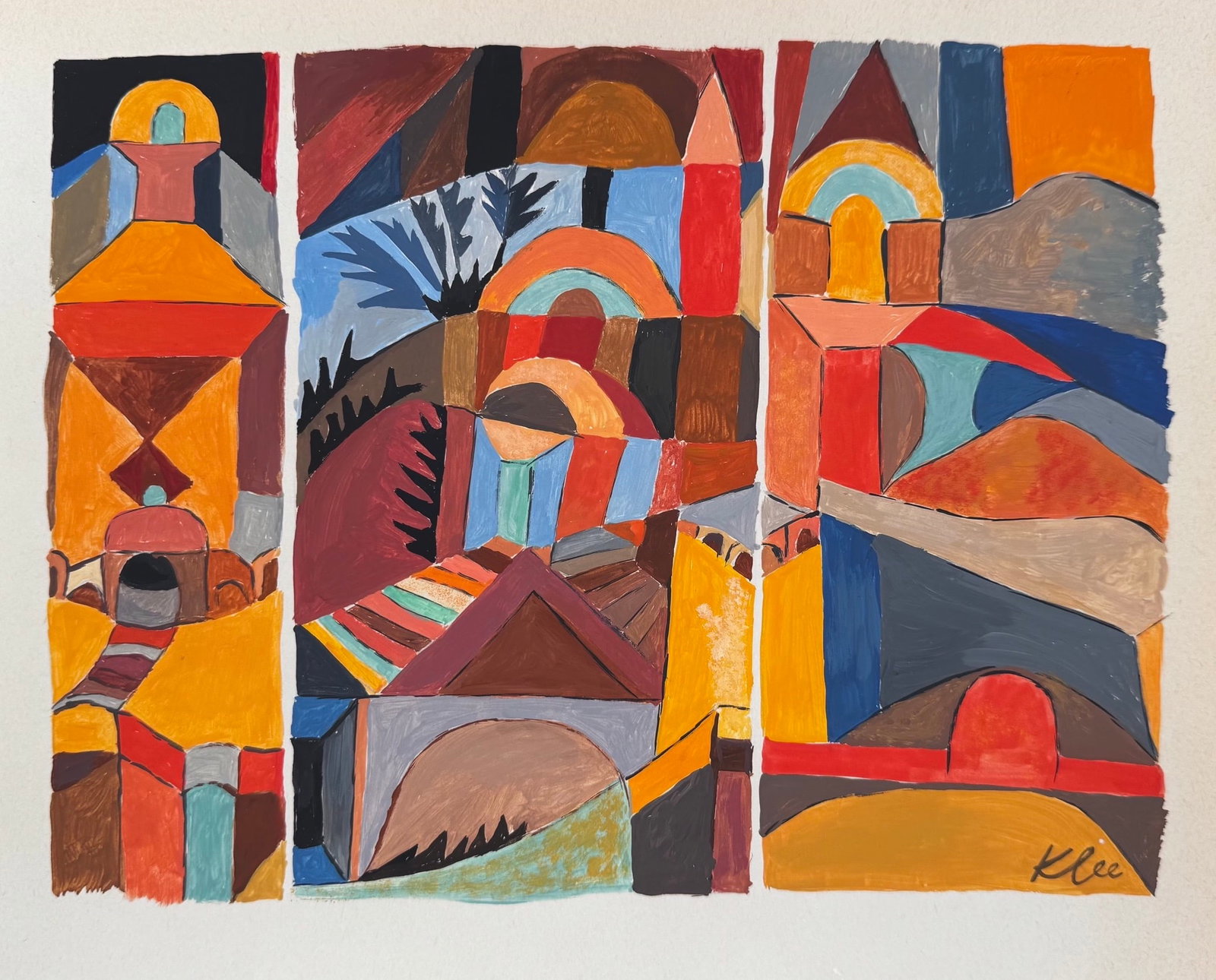 Gouache on paper Paul Klee after Swiss German Abstract geometric shapes: Gouache on paper, painting. From a private collection. 8,3 x 10,4 in. (21,1 x 26,4 cm). Paul Klee (1879-1940, Swiss). It is being sold in the manner or style of the artist. Depicts an abstract geometr