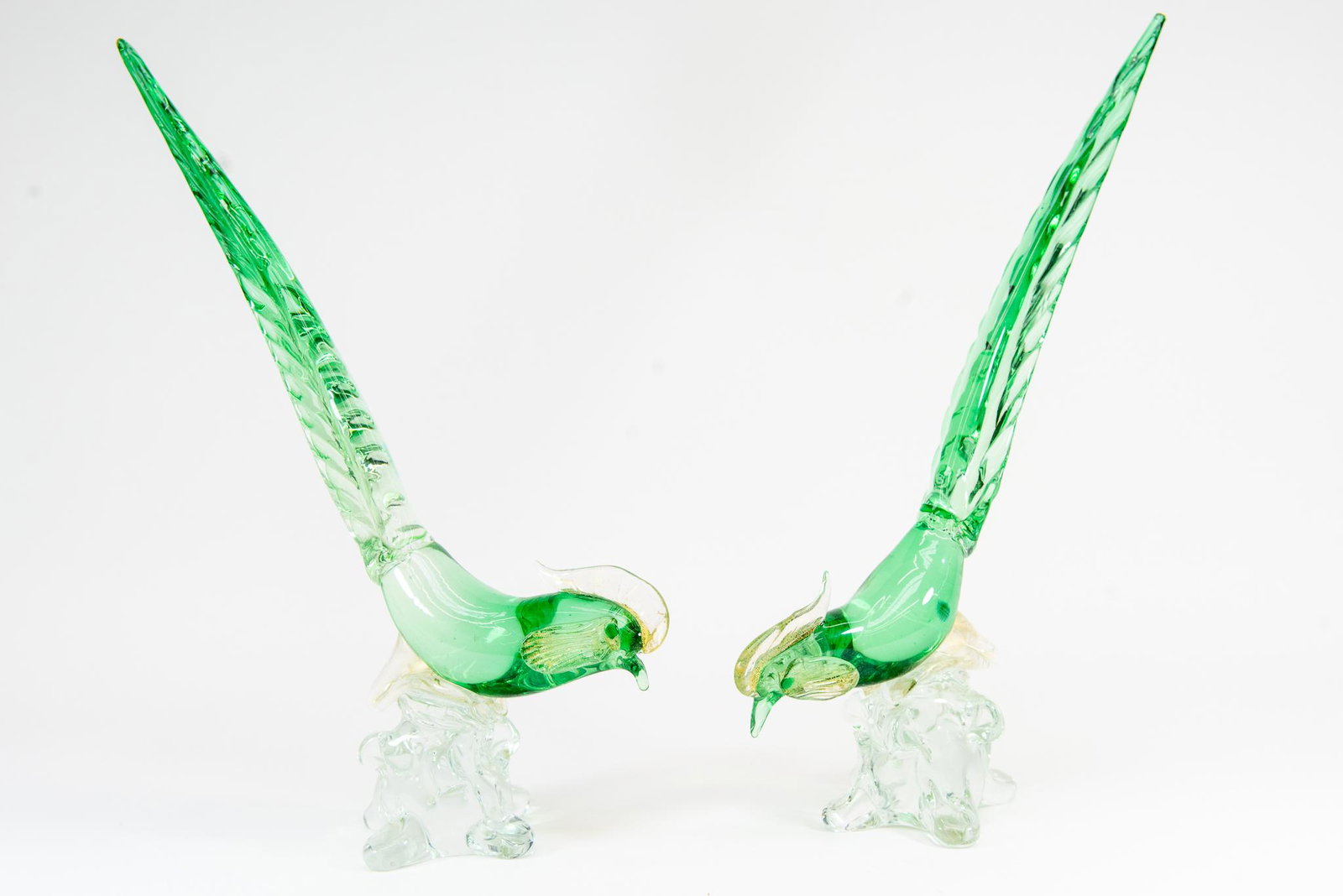 Large Green Glass Road Runners: This lot features (2) Large Green Glass Road Runners. Gold flakes, polished bases and unmarked. Condition Good Condition
