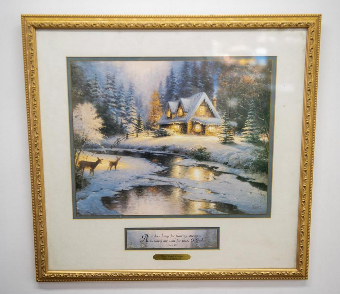 Thomas Kinkade "Deer Creek Cottage" Print: This lot features (1) Thomas Kinkade "Deer Creek Cottage" Print. Certificate of Authenticity on the back. Size 21"H X 22"L Condition Good Condition