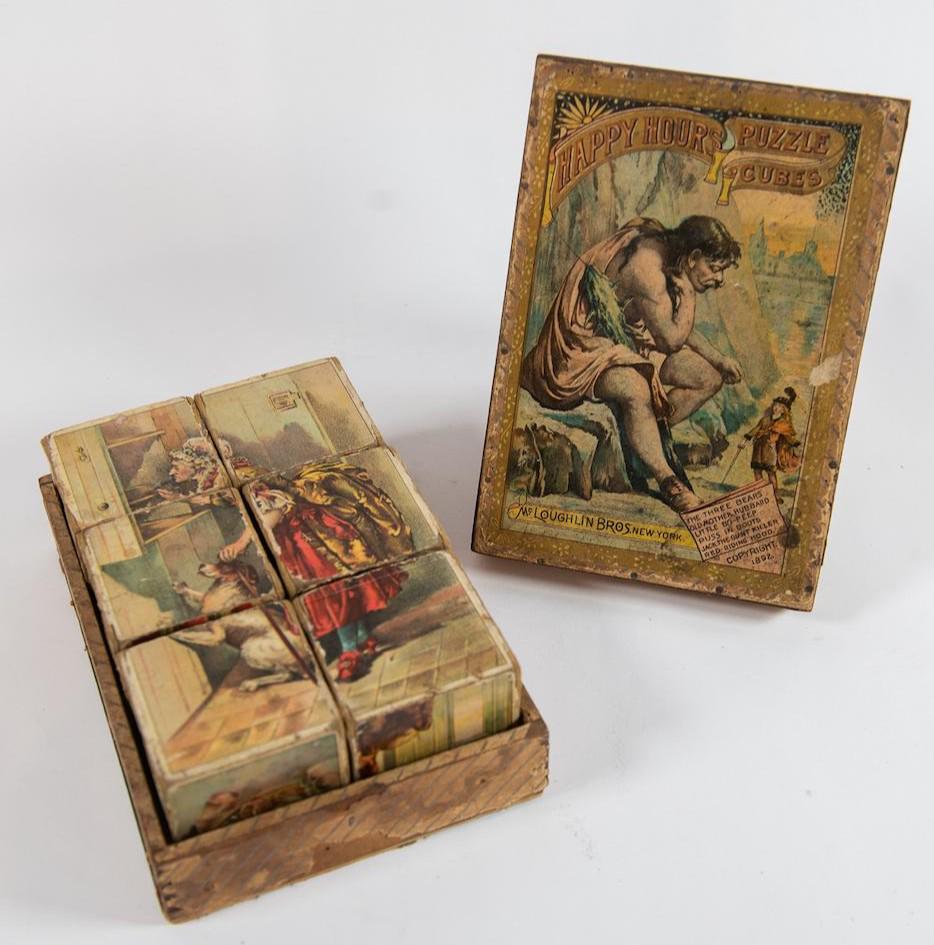 ANTIQUE MCLOUGHLIN BROS 1892 BLOCK PUZZLE: This lot features an antique puzzle block puzzle from the 19th C. by McLoughlin Bros New York. This rare item is complete with all six, six-sided cubes. The different combinations include The Three Be