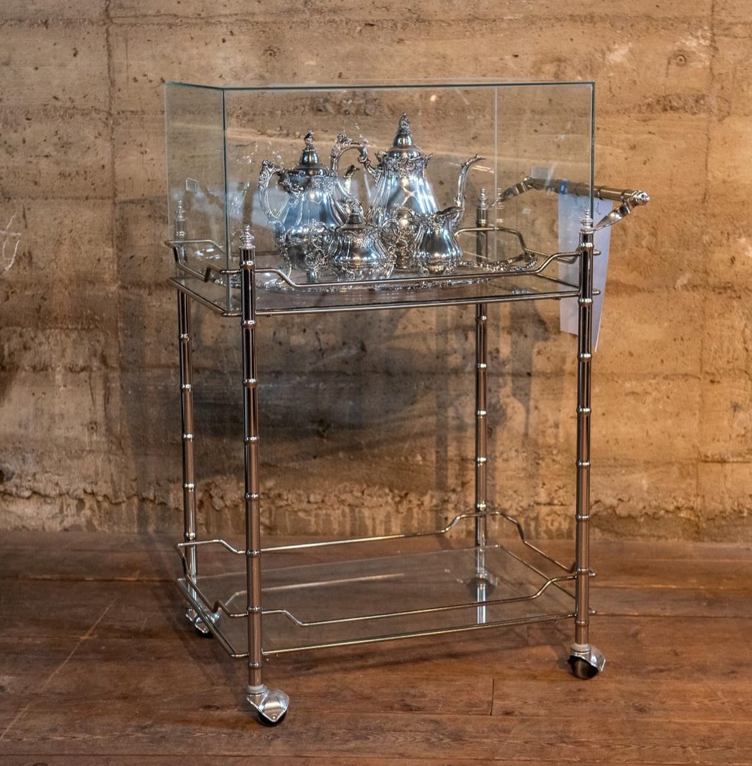 VINTAGE GLASS BAR CART & SILVERPLATE SET (1 of 10)