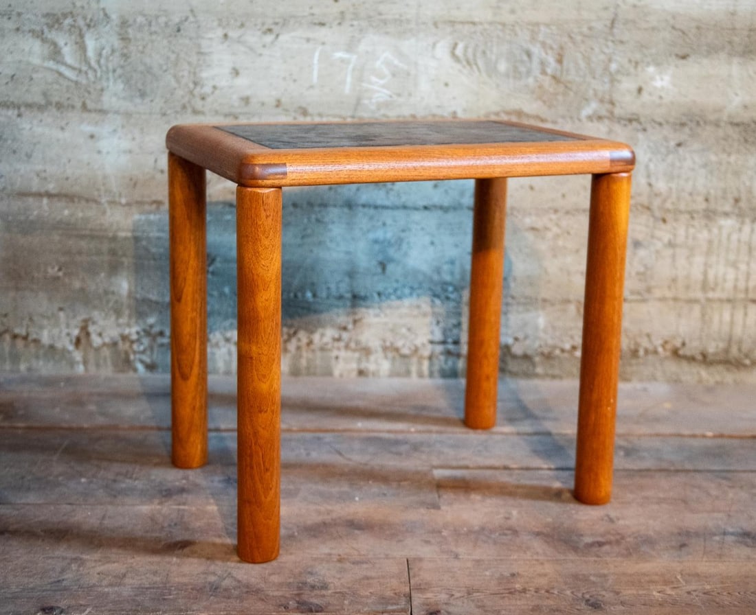 HASLEV DANISH SLATE SIDE TABLE: Danish handmade side table by Haslev with a slate top and original tag underneath shown in photos. Haslev produces Danish quality and traditional craftsmanship - manufactured in Denmark. Size 22"H 24"