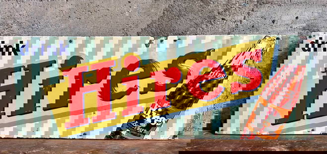 DRINK HIRES EMBOSSED METAL SIGN: Single sided tin (SST) embossed sign, "Drink Hires" with root beer bottle. Made in USA with back frame, ready to display. Hires Root Beer was an American brand of root beer that was manufactured by