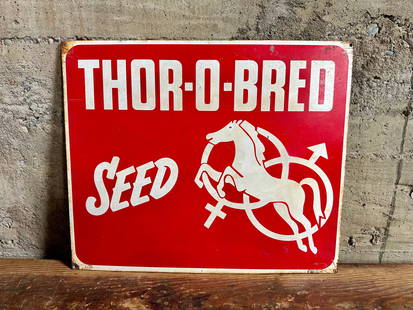 THOR-O-BRED SEED METAL SIGN: "Thor-O-Bred Seed" metal sign by Presco. Marked "PRESCO" & "2/75".Size15''H 18''WConditionSee photos. Reach out for a condition report if desired.