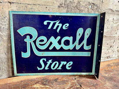 THE REXALL STORE DOUBLE SIDED FLANGE SIGN: "The Rexall Store" metal double sided flange sign. Rexall was a chain of American drugstores, and the name of their store-branded products. The stores, having roots in the federation of United Drug