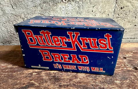 BUTTER KRUST BREAD TIN: Rare Butter-Krust Bread tin, circa 1910. You've likely seen Butter-Krust bread at HEB, with it's distinct blue and white gingham packaging. In 1882, newlyweds William & Emma Richter opened a bakery