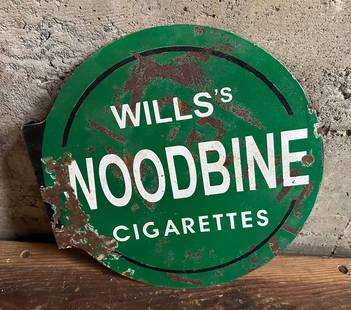 WILL'S WOODBINE CIGARETTES DOUBLE SIDED FLANGE SIGN: Will's Woodbine Cigarettes double-sided metal flange sign. Woodbine was launched in 1888 by W.D. & H.O. Wills. Noted for its strong unfiltered cigarettes, the brand was cheap and popular in the early