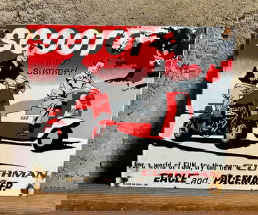 CUSHMAN SCOOTER COMPANY SSP SIGN: Cushman Scooter Company single sided porcelain sign, circa 1958. "Scoot into summer!" The Cushman scooter company started in 1903 in Lincoln, Nebraska, by Everett and Clinton Cushman. The company