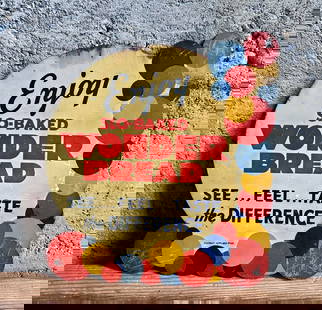 RARE WONDER BREAD METAL SIGN: Rare Wonder Bread metal advertising sign, circa pre-1930 as the patent was still pending. "Enjoy Slo-Baked Wonder Bread" Wonder Bread is a brand of sliced bread which originated in the United States