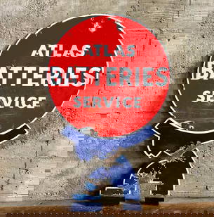 ATLAS BATTERIES SERVICE SIGN TAC: Atlas Batteries Service porcelain diecut sign. TAC authenticated, #041587. Authentication screenshot provided in photos. Atlas Battery Limited was incorporated in 1966 and it had signed a technical