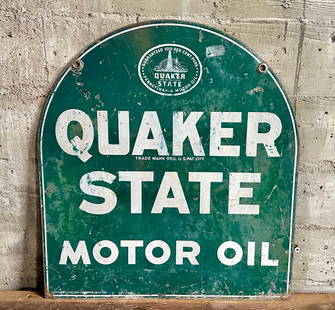 QUAKER STATE MOTOR OIL METAL SIGN: Quaker State Motor Oil double sided metal sign. On July 1, 1931, the "Quaker State Corporation" was formed when Charles Pape, stockbroker from Chicago, brought 19 regional oil companies, offering