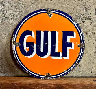 GULF OIL PORCELAIN PUMP SIGN: Gulf Oil single sided porcelain pump sign. Although Gulf Oil was originally incorporated in 1907, its beginnings go back to the tapping in 1901 of an enormous oil gusher on Spindletop Hill, near