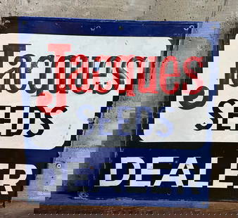 JACQUES SEEDS DEALER EMBOSSED SIGN: Jacques Seeds Dealer single sided embossed metal sign by Scioto Signs out of Kenton, Ohio. To help pay for his college education, William Jacques started growing and selling improved strains of open