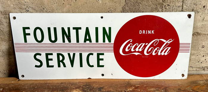 COCA-COLA FOUNTAIN SERVICE PORCELAIN SIGN: Coca-Cola Fountain Service single sided porcelain sign. On May 8, 1886, Dr. John Pemberton brought his perfected syrup to Jacobs' Pharmacy in downtown Atlanta where the first glass of Coca‑Cola