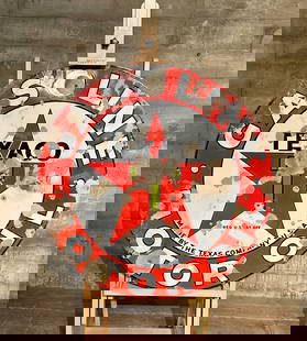 TEXACO MOTOR OIL PORCELAIN SIGN: Texaco Motor Oil single sided porcelain sign made by The Texas Company. Texaco was founded in Beaumont, Texas as the "Texas Fuel Company" in 1902, by Jim Hogg, Joseph S. Cullinan, John Warne Gates,