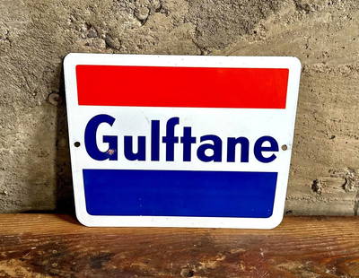 GULFTANE GAS PORCELAIN SIGN: Gulftane Gas single sided porcelain sign, circa 1960s. These signs were produced from 1962-1963. Gulf was the first oil company to enter the consumer gasoline market when it opened a drive-in filling