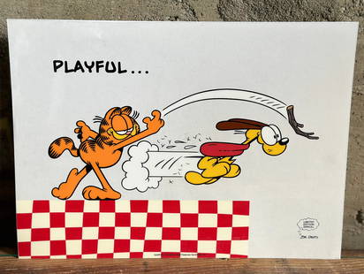 "PLAYFUL..." GARFIELD SERICEL, JIM DAVIS: "Playful..." limited edition Garfield sericel by Jim Davis, circa 1978 by United Features Syndicate, Inc. Measures 17'' H by 21'' W.