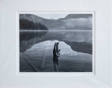 JOHN SEXTON, "QUIET LIGHT": "Quiet Light" or "Stump, Early Morning Mist, Emerald Lake, Canada" a limited-edition signed silver photo by listed photographer John Sexton. Hand-signed in pencil, edition 25/100. John Sexton (1953-)