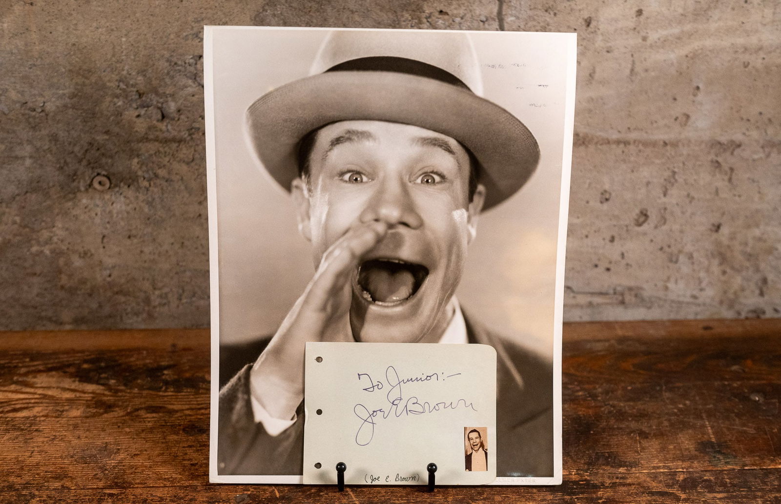 JOE E. BROWN, LARGE PHOTOGRAPH & AUTOGRAPH: A large vintage photograph of comedian Joe E. Brown photographed by iconic Hollywood photographer Elmer Fryer. The photograph is stamped on the back by Elmer Fryer as well as pressed with the writers
