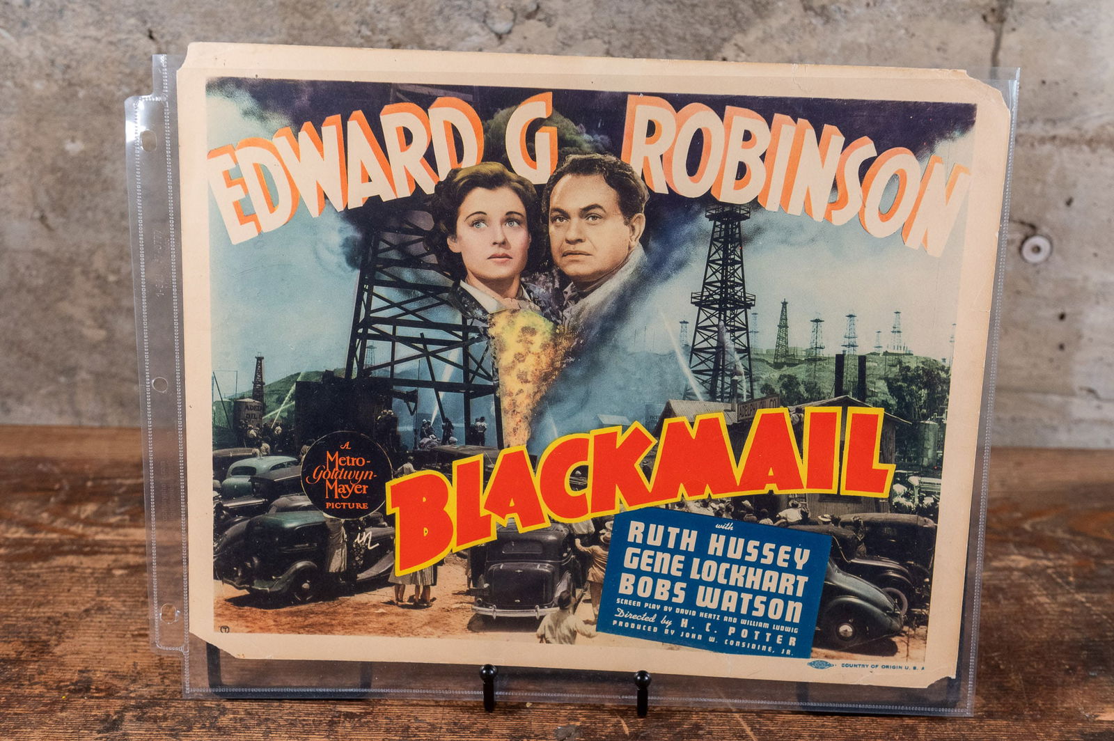 'BLACKMAIL' LOBBY CARDS: A set of seven lobby cards including the title lobby card for the film "Blackmail" starring Edward G. Robinson. Each lobby card measures 11"x14".