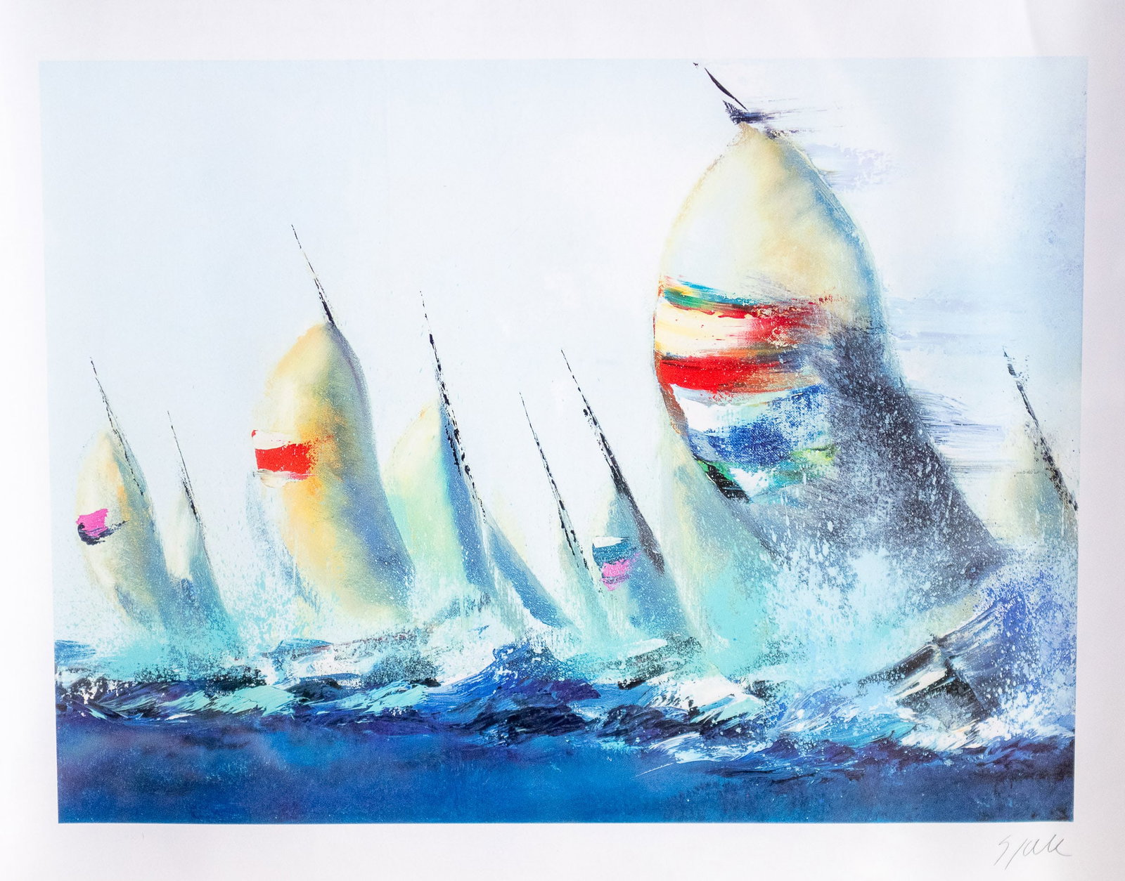VICTOR SPAHN, 'JULY SAILS': "July Sails" a seriolithograph in color on archival paper by listed artist Victor Spahn. Circa 2015. Signed in the plate. Includes Certificate of Authenticity. Measures 16.5" H x 22" W. Spahn (1949-)
