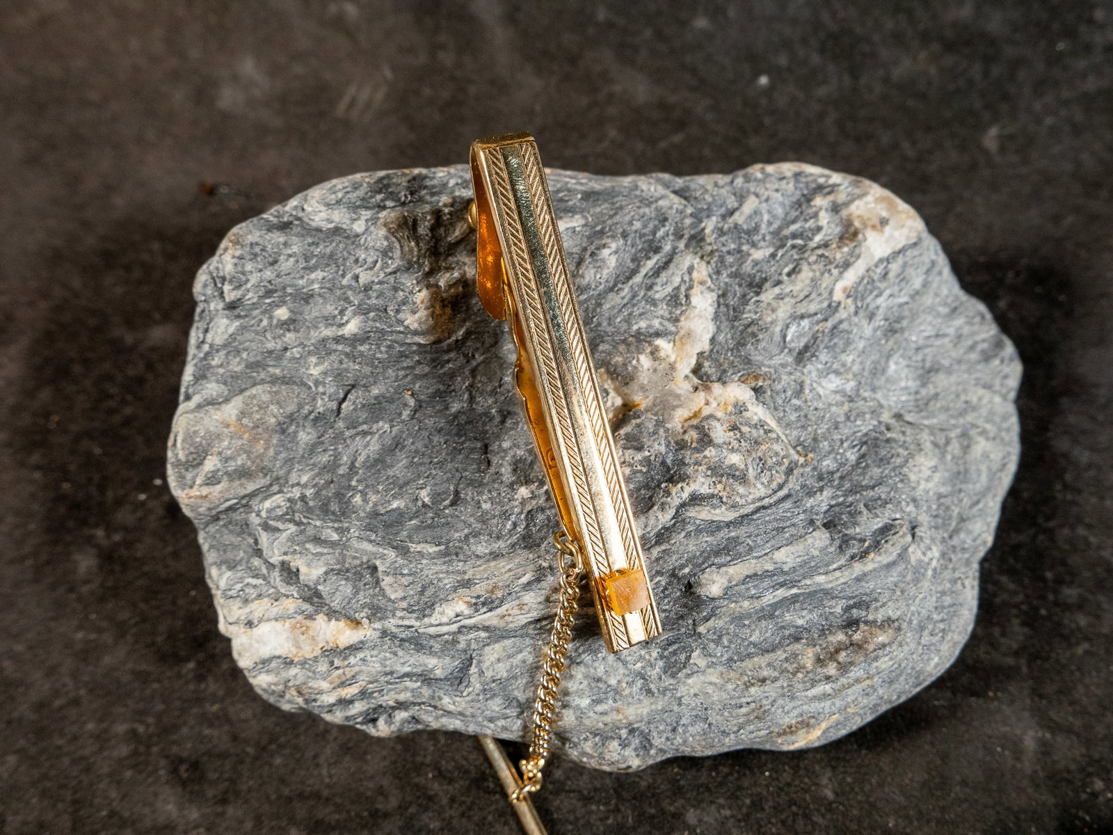 TIGER EYE GOLD TONE TIE BAR, DANTE: A beautiful vintage gold tone tie bar with a tiger eye accent stone, made by Dante. Comes in the original box. 