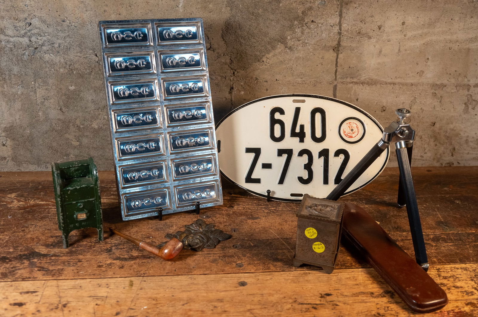 U.S. MAIL COIN BANKS, TRIPOD, WEST GERMANY LICENSE PLATE, AND MORE (1 of 6)