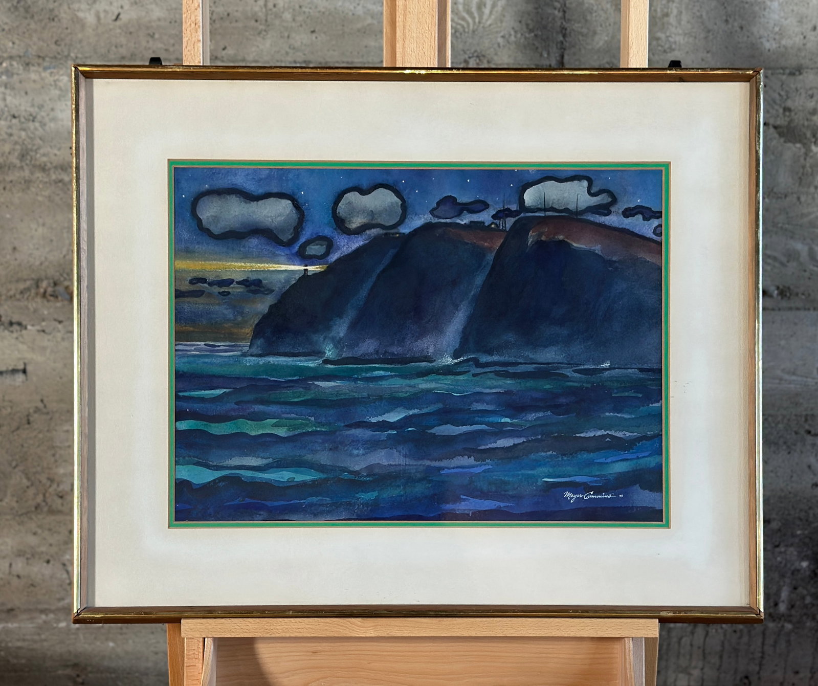 MEYER CUMMINS, 'MAKAPUU LIGHTHOUSE & POINT FROM THE OCEANSIDE AT NIGHT': "Makapuu Lighthouse & Point from the Oceanside at Night", an original watercolor by listed Hawaiian artist, Meyer Cummins. Signed lower right and housed in a frame under museum glass. Measures in 