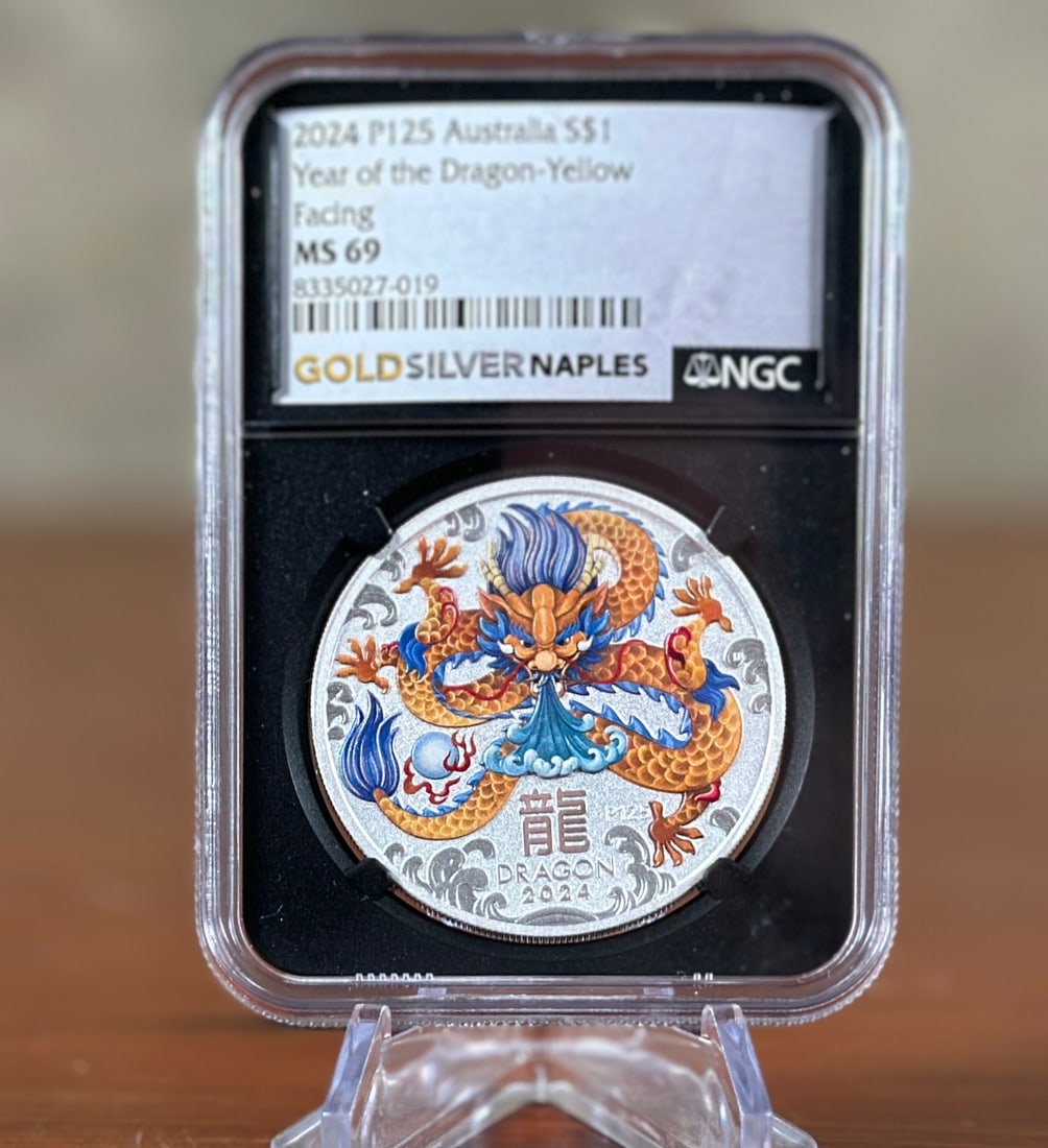 2024 AUSTRALIA FINE SILVER ROUND, 'YEAR OF THE DRAGON - YELLOW FACING' NGC (1 of 2)