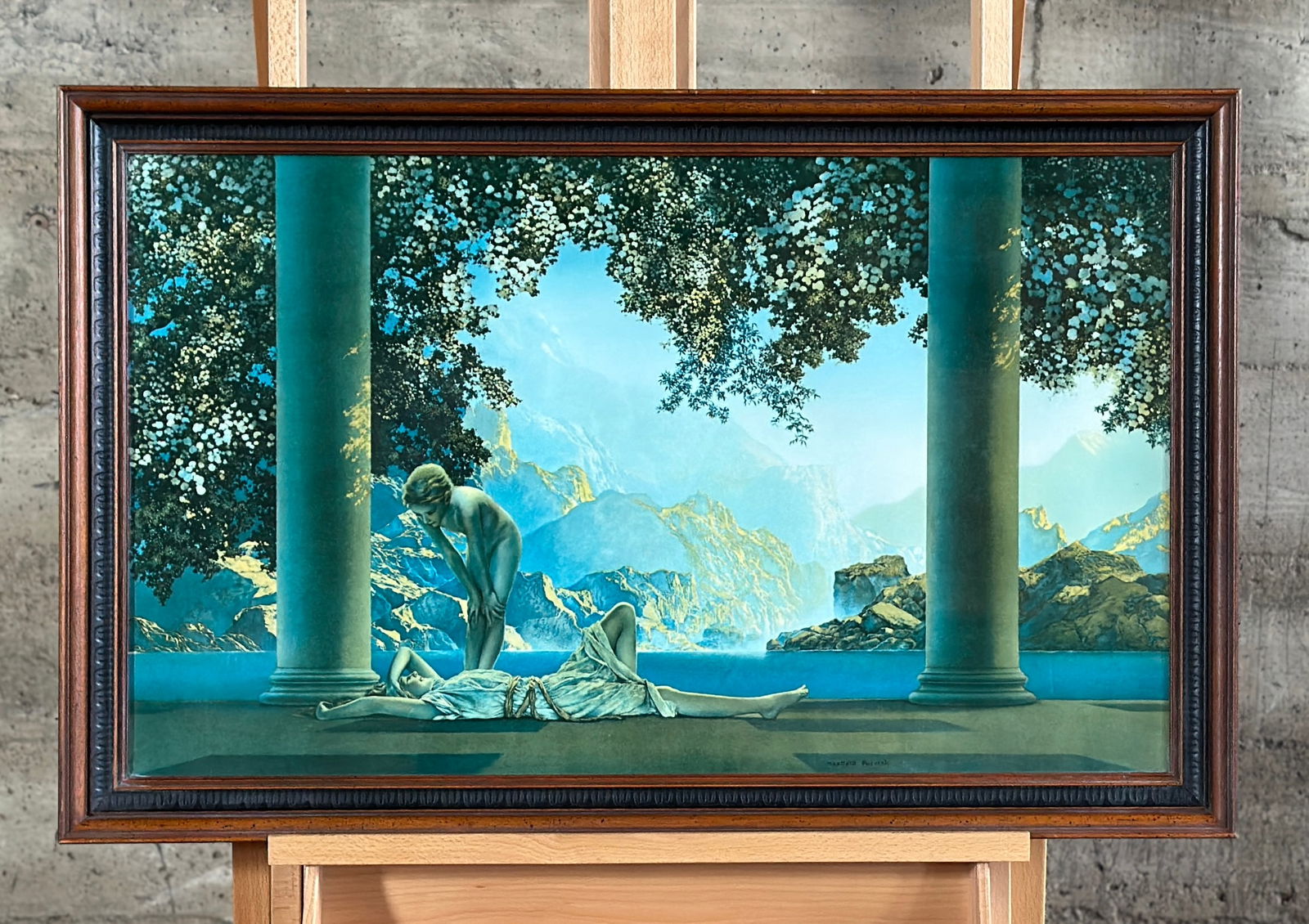 MAXFIELD PARRISH, 'DAYBREAK': "Daybreak", an original lithograph by listed artist, Maxfield Parrish. Daybreak was painted by Parrish in 1922 and was inspired by the landscape of Vermont and New Hampshire to create lush and romanti