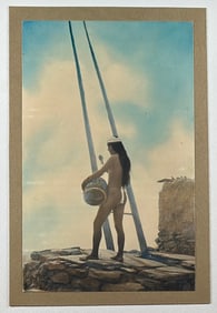 INDIAN ATHLETE IN KIVA WITH DRUM TINTED PHOTOGRAPH