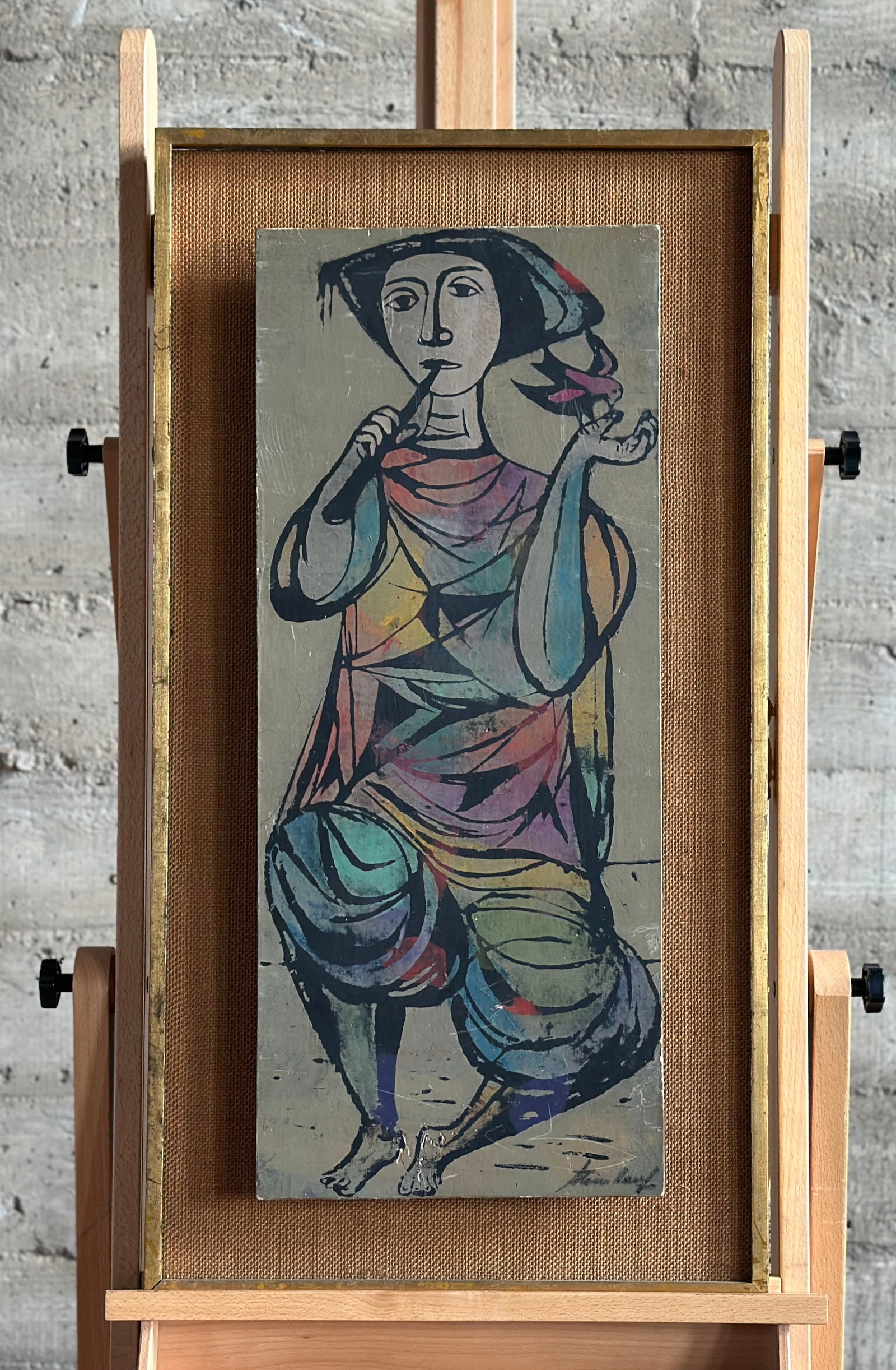 SAUL STEINHAUF, 'THE FLUTIST': "The Flutist", a print by listed artist, Saul Steinhauf. This work of art appears to be printed on a wood block and loosely mounted in its frame. Appears to be signed lower right by Steinhauf. This pi